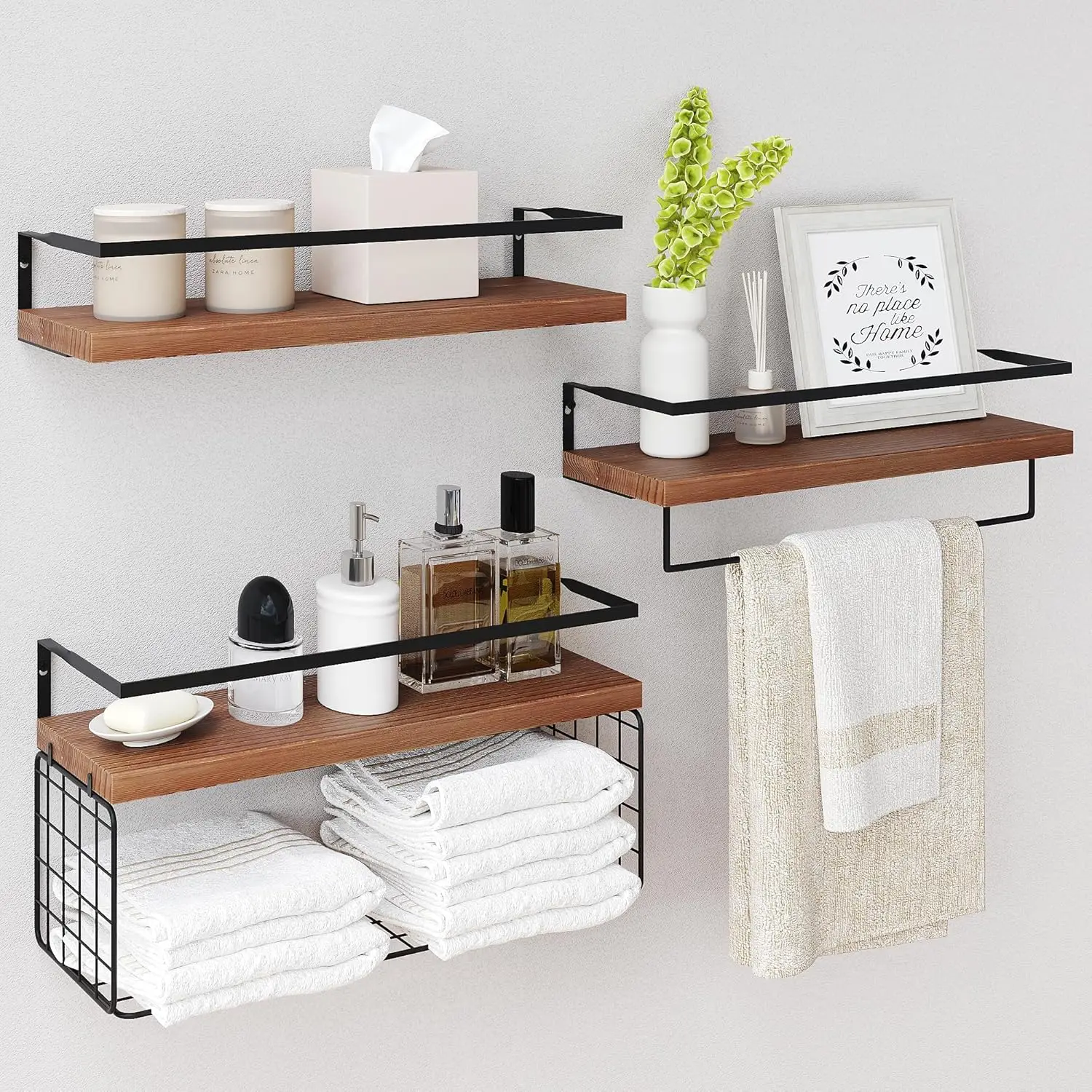 Wood Floating Shelves Wall Mounted - 3+1 Tier Rustic Bathroom Shelves Over Toilet with Wire Storage Basket &Towel Bar,
Wood Floating Shelves Wall Mounted - 3+1 Tier Rustic Bathroom Shelves Over Toilet with Wire Storage Basket &Towel Bar,