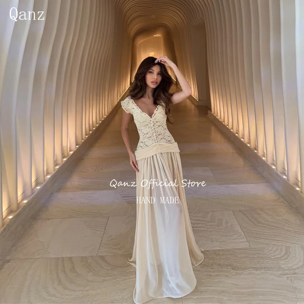 Qanz Modern Women Prom Dress V Neck Lace Wedding Guest Dresses Long A Line Cap Sleeves Chiffon Illusion Evening Gowns Customized
Qanz Modern Women Prom Dress V Neck Lace Wedding Guest Dresses Long A Line Cap Sleeves Chiffon Illusion Evening Gowns Customized