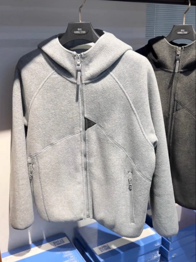 Осенняя двусторонняя флисовая куртка из шерпа, мужская серая ветрозащитная куртка с капюшоном, уличная повседневная теплая куртка, флисовая верхняя одежда на молнии