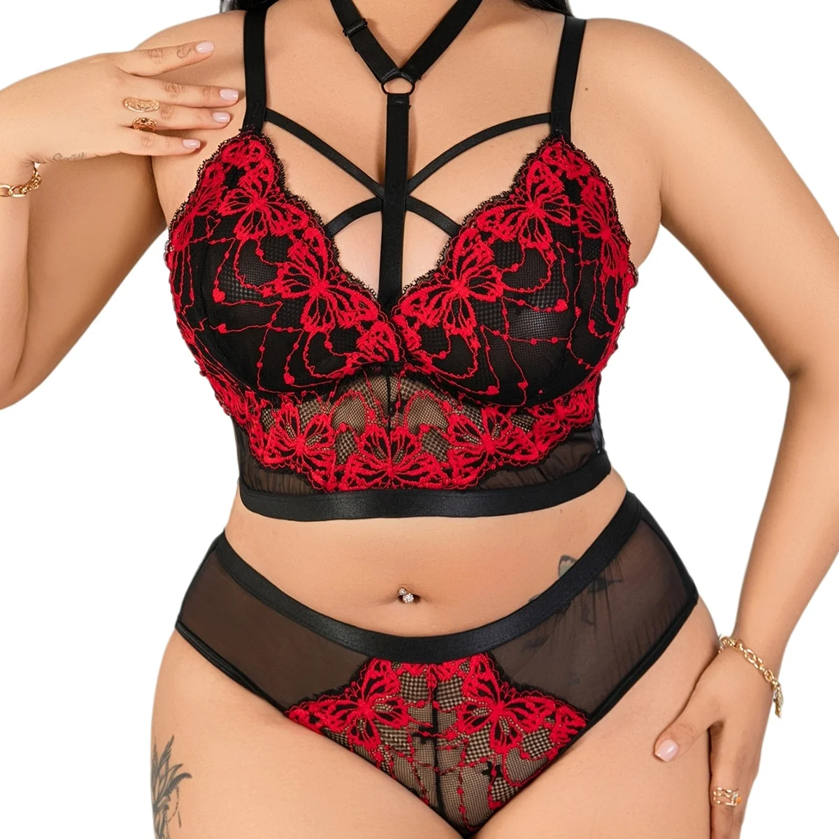 2pcs Plus Size Lace Sexy Lingerie Set Floral Embroidered Halterneck Tie-Front Push-Up Bra And High-Waisted Briefs Daily Lingerie
2pcs Plus Size Lace Sexy Lingerie Set Floral Embroidered Halterneck Tie-Front Push-Up Bra And High-Waisted Briefs Daily Lingerie