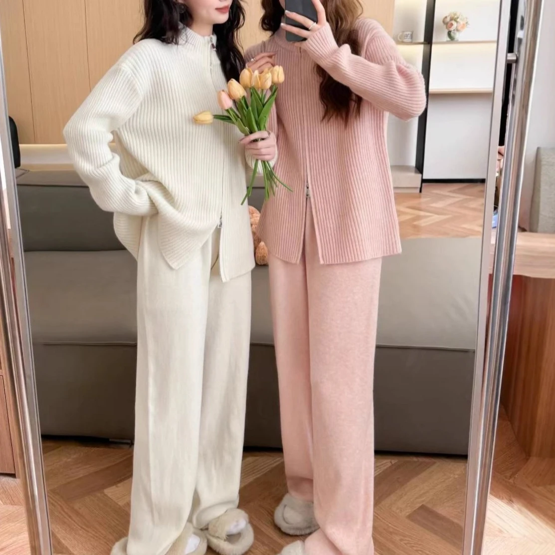 Women Knitted Two Pieces Pants Sets Solid Set Stripes Double Zip O Neck Cardigan Wide Leg Full Lenth Pant Casual 2025 Autumn 
Women Knitted Two Pieces Pants Sets Solid Set Stripes Double Zip O Neck Cardigan Wide Leg Full Lenth Pant Casual 2025 Autumn