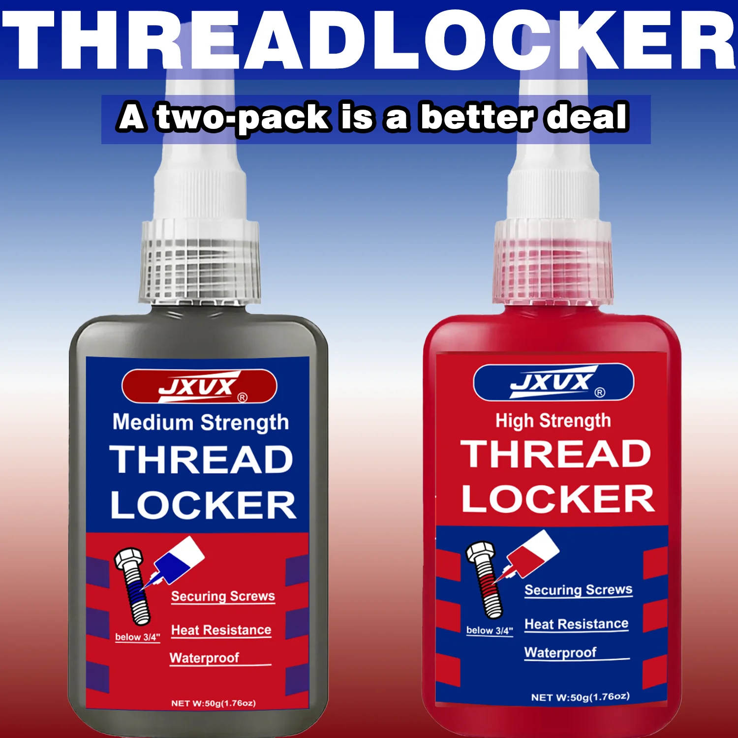 Threadlocker bundle Two-piece set 243 blue 271 red thread locking adhesive, Industrial Thread Sealant,permanent locking, fast curing, Oil-Resistant, Stable,ideal choice for industrial machinery metal fasteners.
Threadlocker bundle Two-piece set 243 blue 271 red thread locking adhesive, Industrial Thread Sealant,permanent locking, fast curing, Oil-Resistant, Stable,ideal choice for industrial machinery metal fasteners.