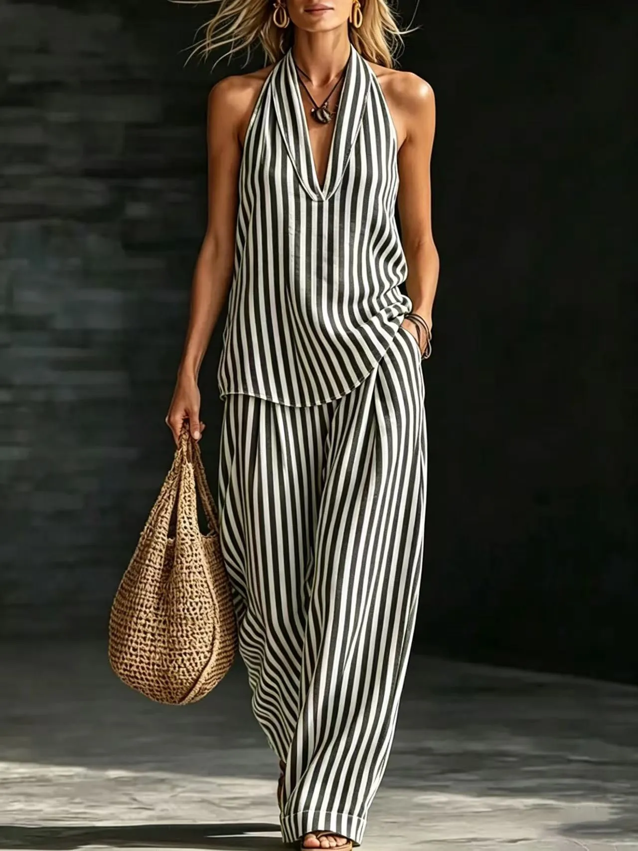 Summer Casual Halter Neck Striped Vest Sleeveless Top Light Purple Wrap Style Camisole Coral Pink Loose Fit Vertical Striped
Summer Casual Halter Neck Striped Vest Sleeveless Top Light Purple Wrap Style Camisole Coral Pink Loose Fit Vertical Striped