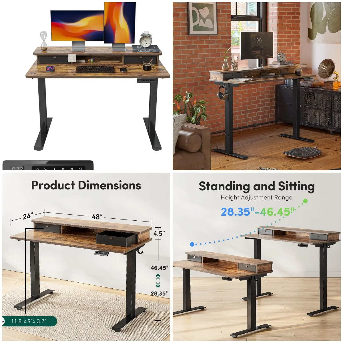 48 x 24 Inch Adjustable Electric Standing Desk with Double Drawer, Rustic Brown
48 x 24 Inch Adjustable Electric Standing Desk with Double Drawer, Rustic Brown