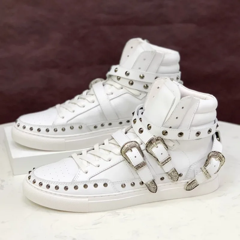 Belt Buckle Rivets High-top Shoes New Design Men Genuine Leather Visual-style Sneakers Dark Rock-style Ankle Boots
Belt Buckle Rivets High-top Shoes New Design Men Genuine Leather Visual-style Sneakers Dark Rock-style Ankle Boots