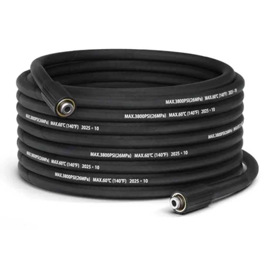 Pressure Washer Hose 50ft for outdoor cleaning, high-tensile wire braided polyurethane, black, kink-resistant and 3800 PSI rate
Pressure Washer Hose 50ft for outdoor cleaning, high-tensile wire braided polyurethane, black, kink-resistant and 3800 PSI rate