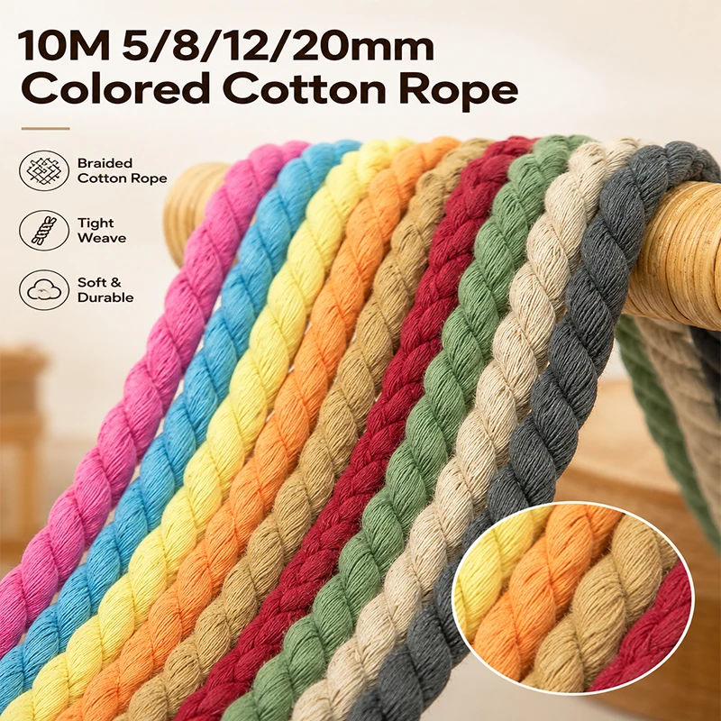 10Meters Sewing Colored Cotton Rope 5/8/12/20mm 3 Shares Twisted Cord for Bag Strap Knapsack Macrame Ropes Braided Cords Supply
10Meters Sewing Colored Cotton Rope 5/8/12/20mm 3 Shares Twisted Cord for Bag Strap Knapsack Macrame Ropes Braided Cords Supply