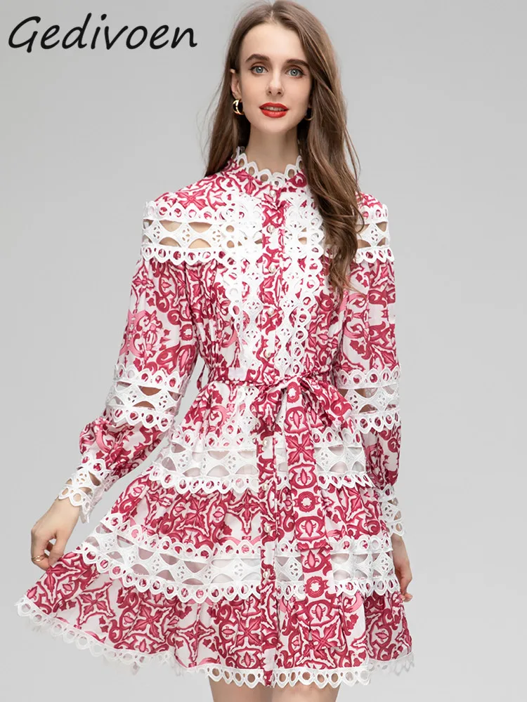 Gedivoen Summer Fashion Designer Vintage Print Spliced Dress Women's Stand Collar Frenulum Gathered Waist Hollow Out Mini Dress
Gedivoen Summer Fashion Designer Vintage Print Spliced Dress Women's Stand Collar Frenulum Gathered Waist Hollow Out Mini Dress