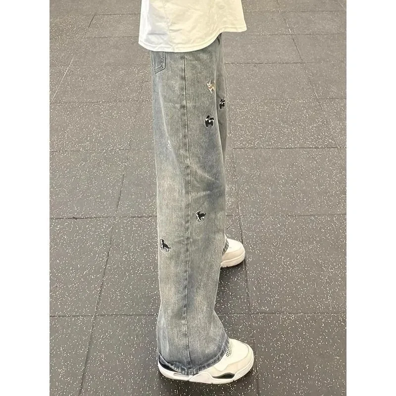 Summer 2025 Fun Dog Embroidered Wide Leg Jeans for Women's Summer New Loose Straight Tube Drooping Floor Pants Women 
Summer 2025 Fun Dog Embroidered Wide Leg Jeans for Women's Summer New Loose Straight Tube Drooping Floor Pants Women