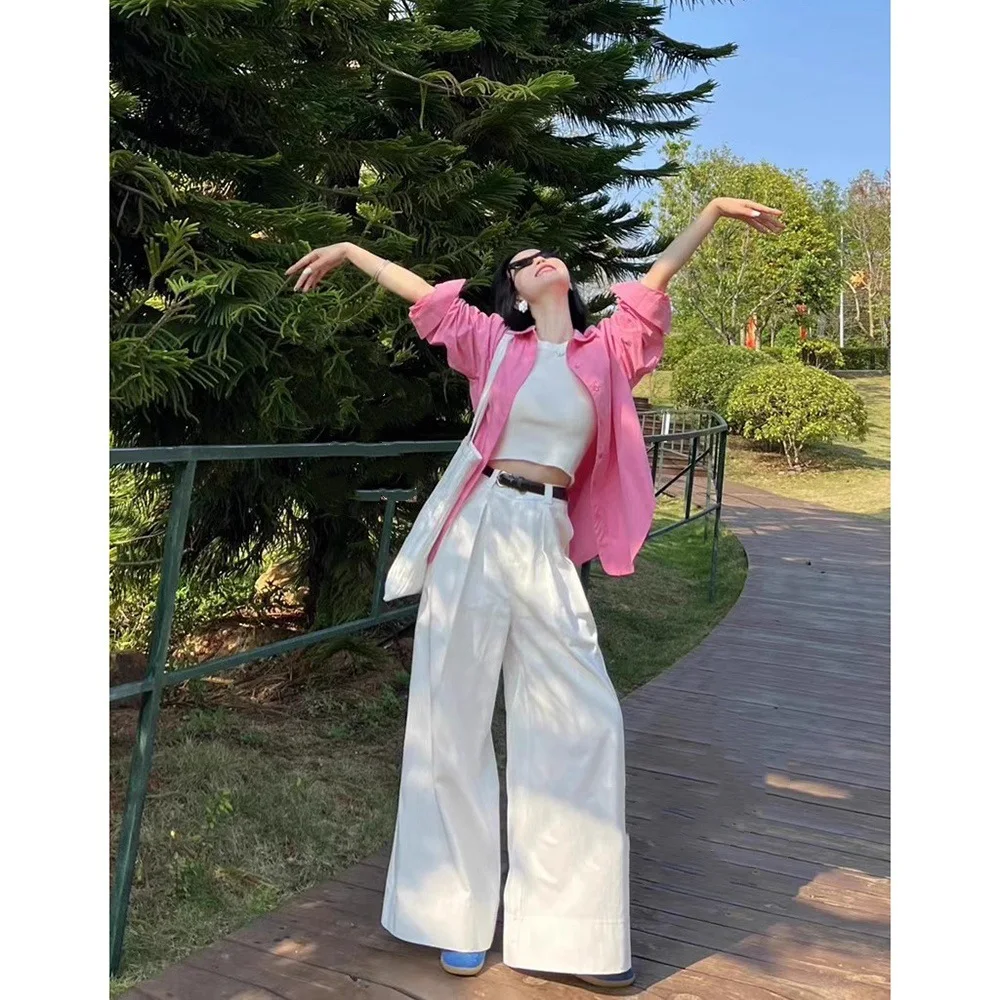 Korean-Style Women's Spring Outfit: Pink Long-Sleeved Shirt With A Camisole Top And White Casual Wide-Leg Pants, Three-Piece Set
Korean-Style Women's Spring Outfit: Pink Long-Sleeved Shirt With A Camisole Top And White Casual Wide-Leg Pants, Three-Piece Set