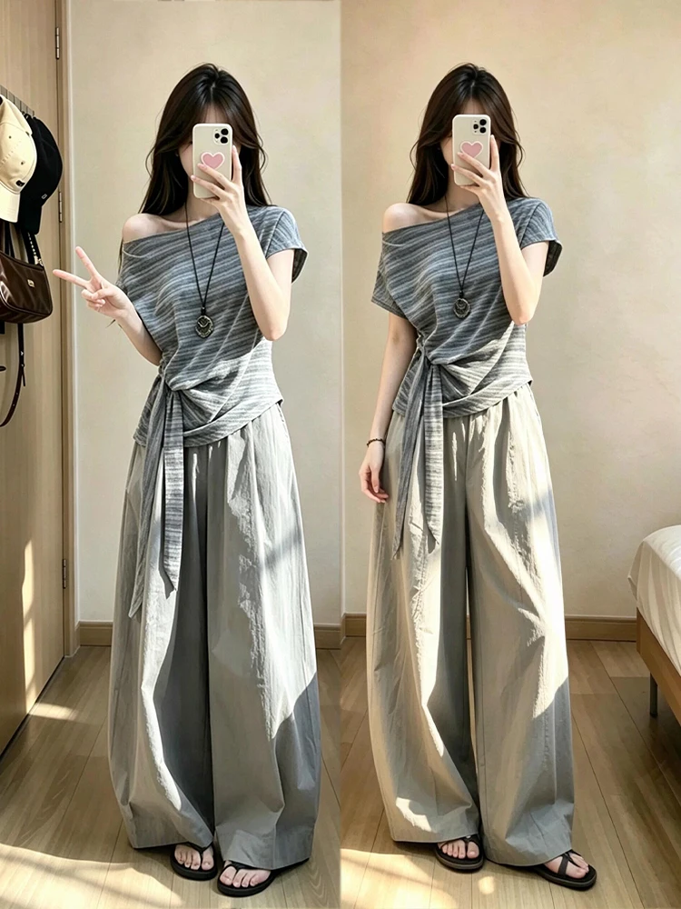 Summer New Arrival Women's Stripe Pattern Minimalist Style Ootd Set High Waist Wide Leg Pants off Shoulder Top Fashionable
Summer New Arrival Women's Stripe Pattern Minimalist Style Ootd Set High Waist Wide Leg Pants off Shoulder Top Fashionable