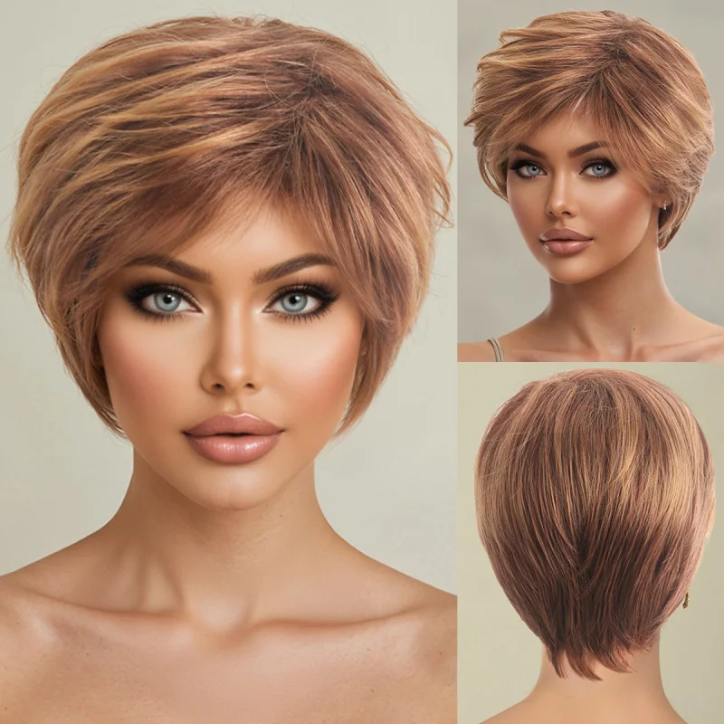 European American style women's short curly wig, brown and gold highlights, fluffy slightly wavy synthetic hairpiece
European American style women's short curly wig, brown and gold highlights, fluffy slightly wavy synthetic hairpiece