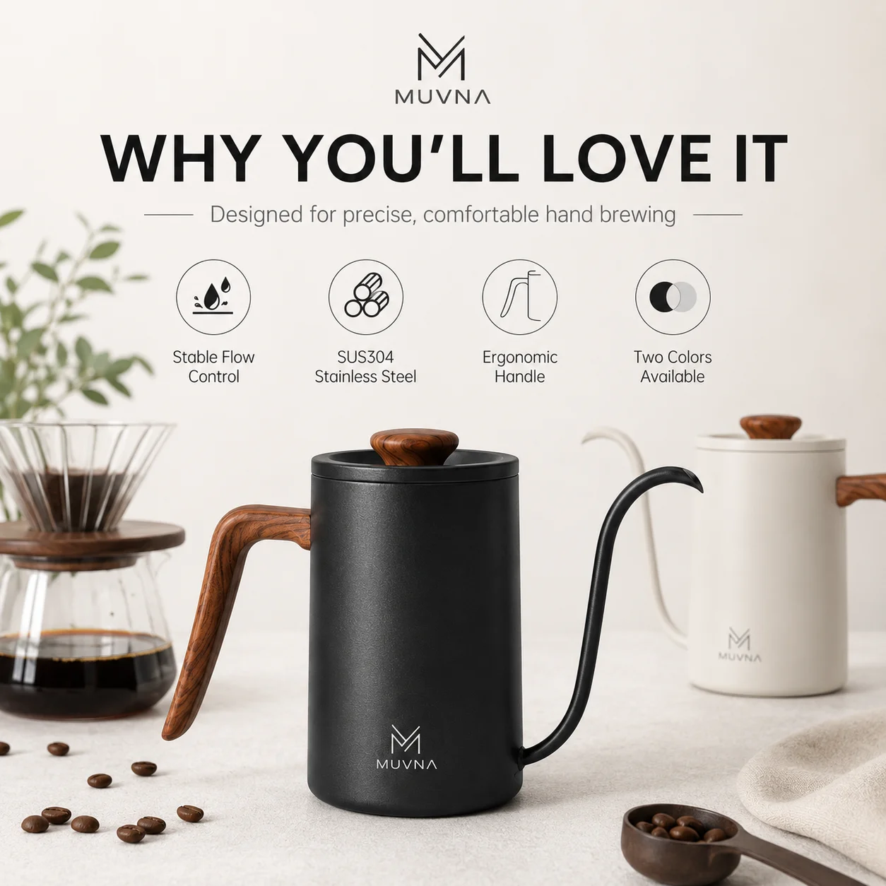 MUVNA Gooseneck Pour Over Kettle 600ml Hand Brewing Coffee Pot SUS304 Stainless Steel Wooden Handle Matte Black
MUVNA Gooseneck Pour Over Kettle 600ml Hand Brewing Coffee Pot SUS304 Stainless Steel Wooden Handle Matte Black