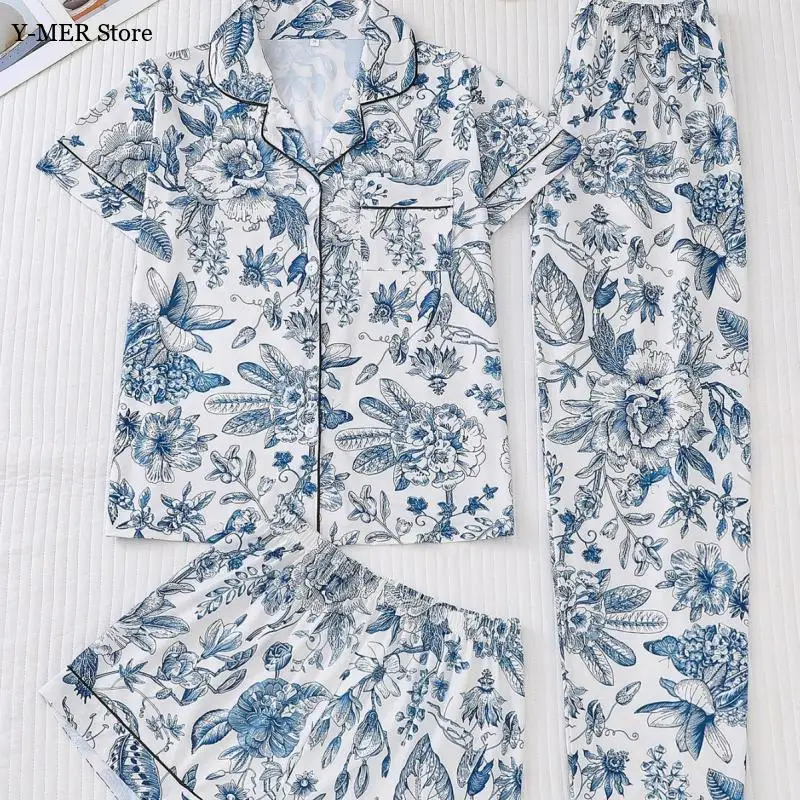 Blue Floral Print Pajamas Suit 3Pcs Short Sleeve Shirt Shorts Pants Women Satin Loungewear Home Clothes Sleepwear Nightwear
Blue Floral Print Pajamas Suit 3Pcs Short Sleeve Shirt Shorts Pants Women Satin Loungewear Home Clothes Sleepwear Nightwear
