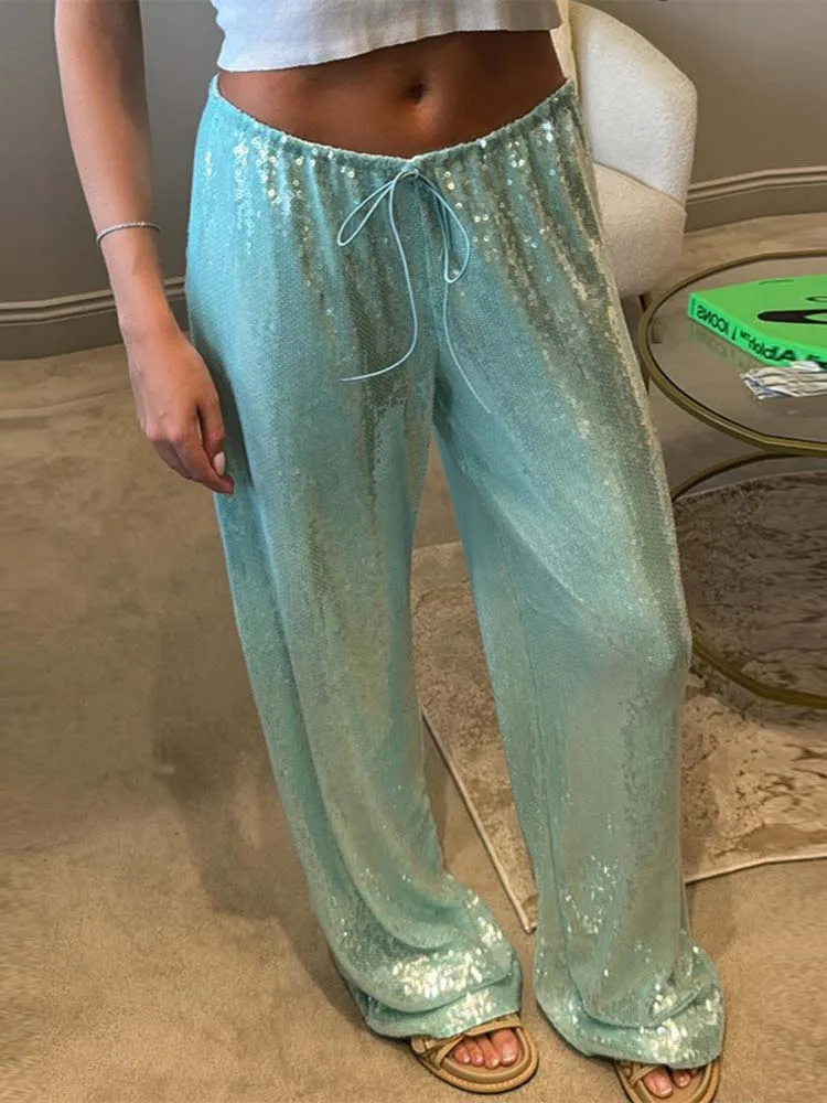 Lace Up Sequined Pants Women Solid Loose Drawstring Wide Straight Party Club Trousers 2025 Spring Summer Chic Streetwears Lady
Lace Up Sequined Pants Women Solid Loose Drawstring Wide Straight Party Club Trousers 2025 Spring Summer Chic Streetwears Lady