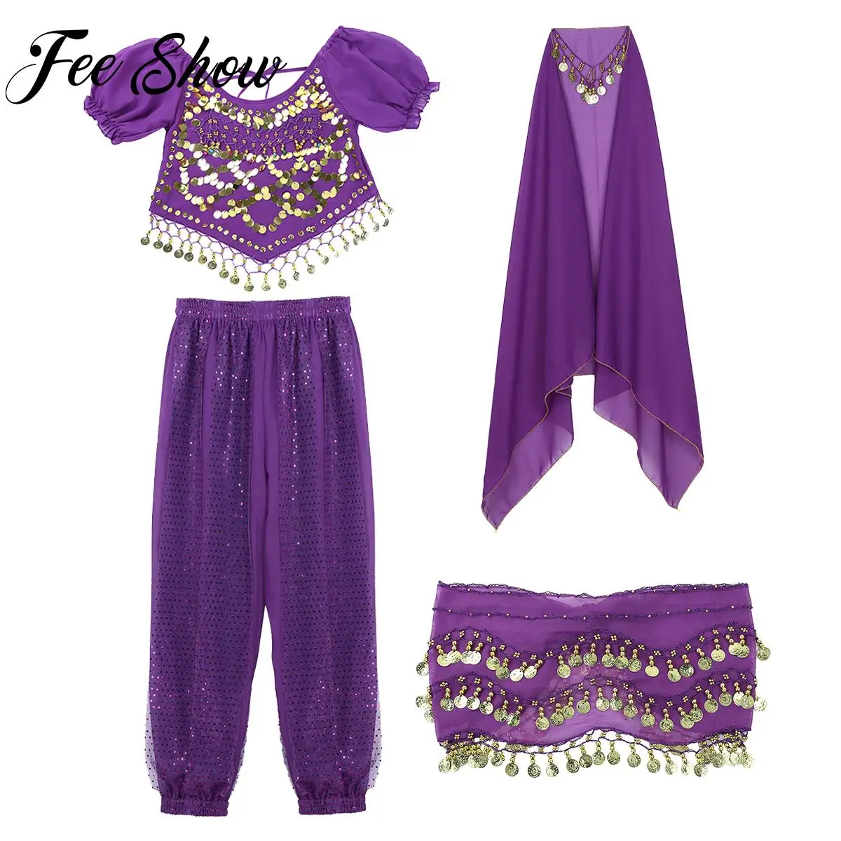 4Pcs Womens Multi-color Belly Dance Outfits Halloween Carnival Cosaplay Costumes Sequin Crop Top+Harem Pants+Hip Scarf+Headscarf
4Pcs Womens Multi-color Belly Dance Outfits Halloween Carnival Cosaplay Costumes Sequin Crop Top+Harem Pants+Hip Scarf+Headscarf