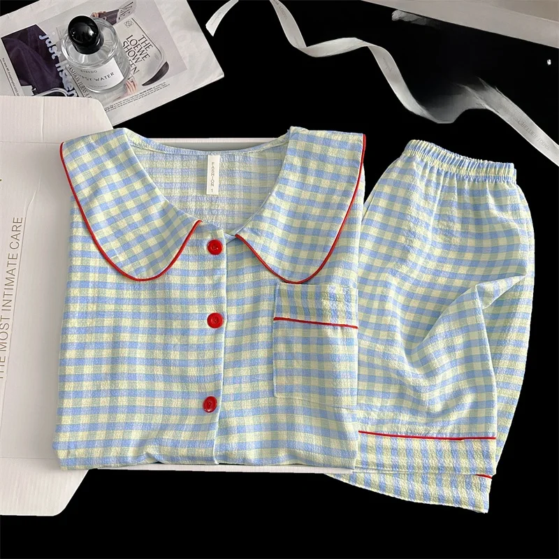 Summer Short Sleeve Sleepwear Women's Bubble Gauze Pleated Cardigan Sweet Little Cherry Thin Home Clothes Set Casual Style 13 S7a2ab5e3b2f64e9bb0154e6c8e5d1e706