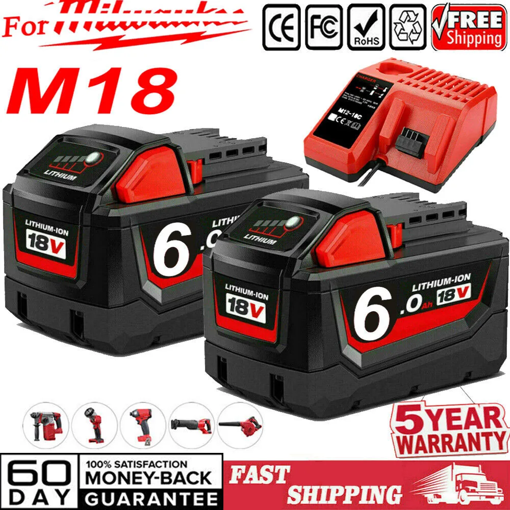 18V For Milwaukee M18 Battery M18B6 XC 6.0Ah Li-Ion 48-11-1860 48-11-1850 48-11-1840 48-11-1820 Cordless Power Tool 18V Charger
18V For Milwaukee M18 Battery M18B6 XC 6.0Ah Li-Ion 48-11-1860 48-11-1850 48-11-1840 48-11-1820 Cordless Power Tool 18V Charger