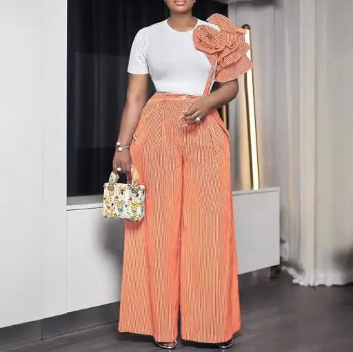 Two Piece Set Women Outfit 2025 Spring New Floral Decor Round Neck Short Sleeved T-Shirt & Striped High Waist Wide Leg Pants Set
Two Piece Set Women Outfit 2025 Spring New Floral Decor Round Neck Short Sleeved T-Shirt & Striped High Waist Wide Leg Pants Set