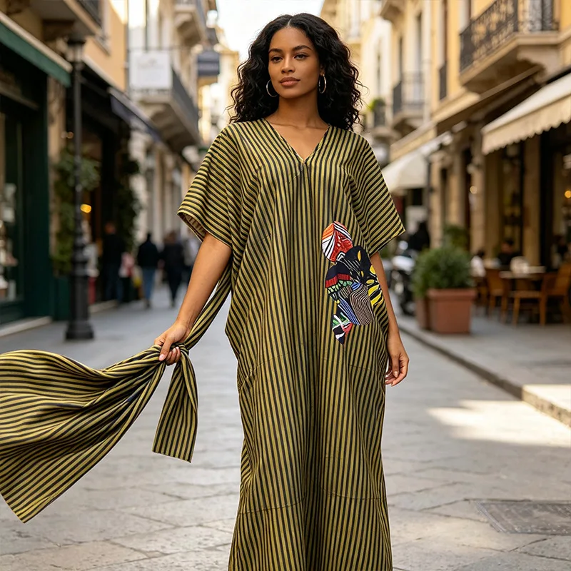 Plus Size African Dresses for Women Summer Fashion African Short Sleeve V-neck Striped Casual Daily Wear Kaftan Muslim Abaya
Plus Size African Dresses for Women Summer Fashion African Short Sleeve V-neck Striped Casual Daily Wear Kaftan Muslim Abaya