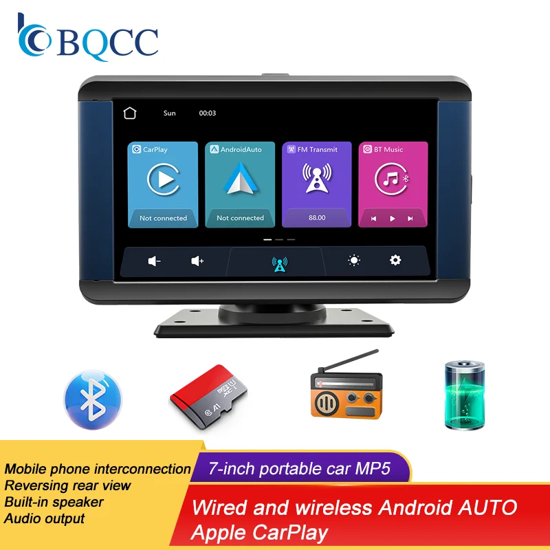 BQCC 7 inch portable car MP5 car radio player supports wireless Android Auto CarPlay built-in recorder supports reversing image
BQCC 7 inch portable car MP5 car radio player supports wireless Android Auto CarPlay built-in recorder supports reversing image