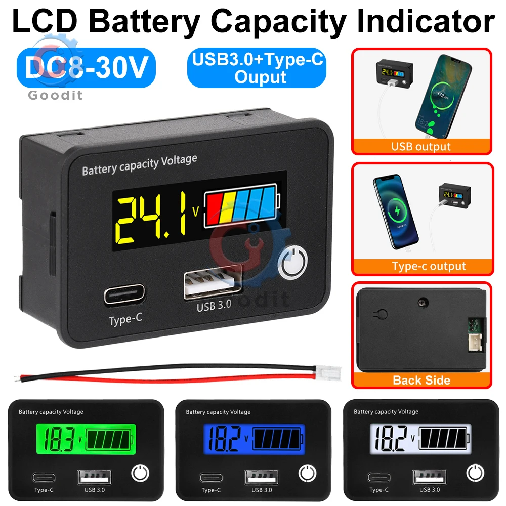 DC8-30V Battery Power Tester for Ternary Lithium/Lead-Acid/Iron-Lithium, 18W USB&Type-C LCD Display with Custom Voltage Alarms
DC8-30V Battery Power Tester for Ternary Lithium/Lead-Acid/Iron-Lithium, 18W USB&Type-C LCD Display with Custom Voltage Alarms