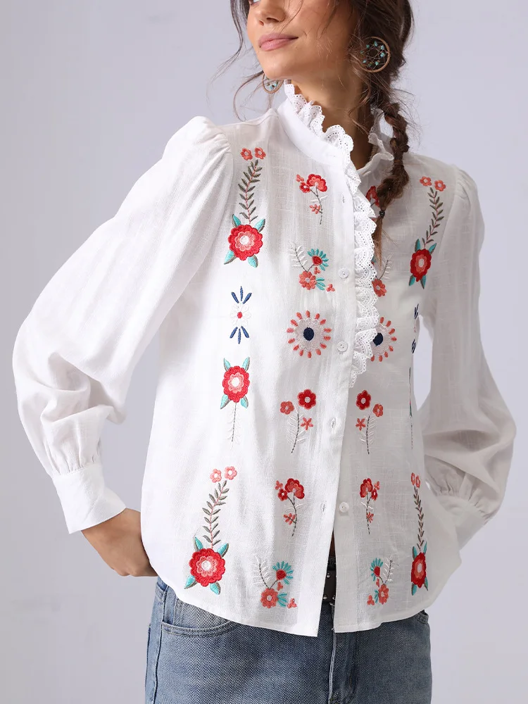 French Flower Embroidery Cotton And Linen Shirt Blouse Ruffled Stand Collar Long Sleeve Women's Shirt Spring Summer Blusa Tops 
French Flower Embroidery Cotton And Linen Shirt Blouse Ruffled Stand Collar Long Sleeve Women's Shirt Spring Summer Blusa Tops