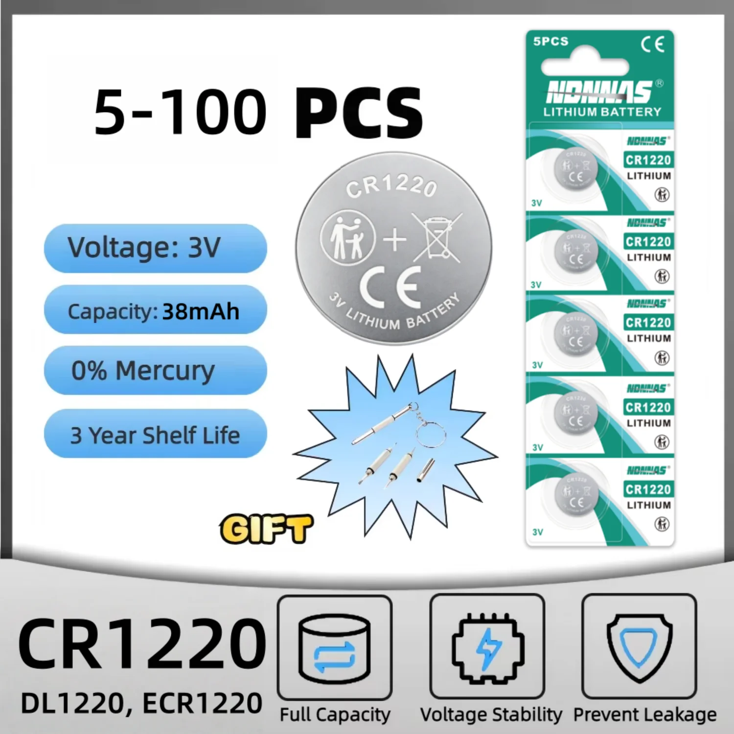 5-50Pcs CR1220 3V Lithium Coin Cell Button Battery DL1220 BR1220 Compatible For Watch Car Key Fob Remote Clock Electronic Device
5-50Pcs CR1220 3V Lithium Coin Cell Button Battery DL1220 BR1220 Compatible For Watch Car Key Fob Remote Clock Electronic Device