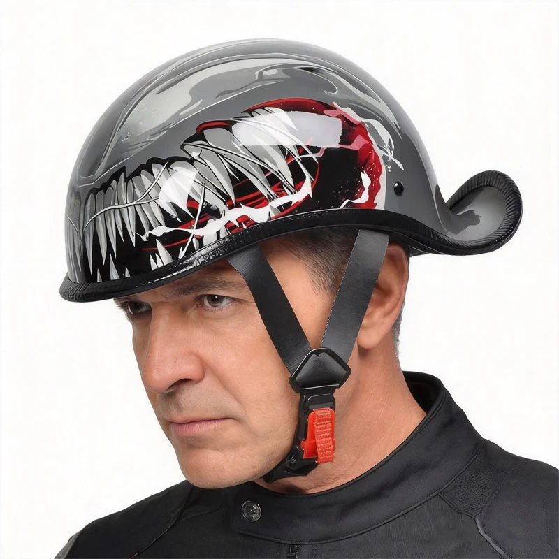 Motorcycle helmet: Neutral, lightweight, retro-style riding safety helmet with a half-face design
Motorcycle helmet: Neutral, lightweight, retro-style riding safety helmet with a half-face design