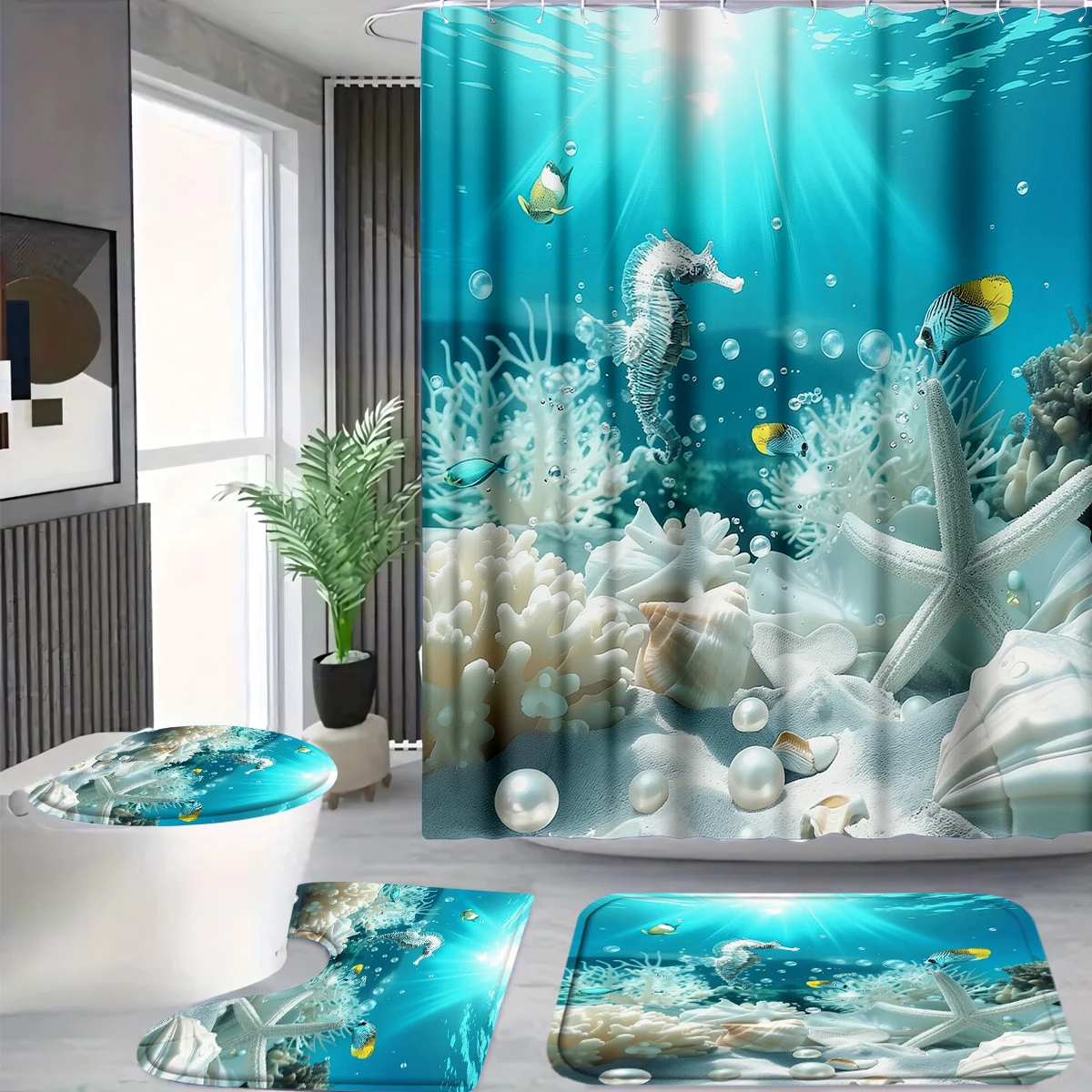 4Pcs Ocean Life Shower Curtain Set with Hooks, Underwater Seahorse Coral Print Waterproof Mildew Resistant Fabric Bath Mat for Family Bathroom Home Decor
4Pcs Ocean Life Shower Curtain Set with Hooks, Underwater Seahorse Coral Print Waterproof Mildew Resistant Fabric Bath Mat for Family Bathroom Home Decor
