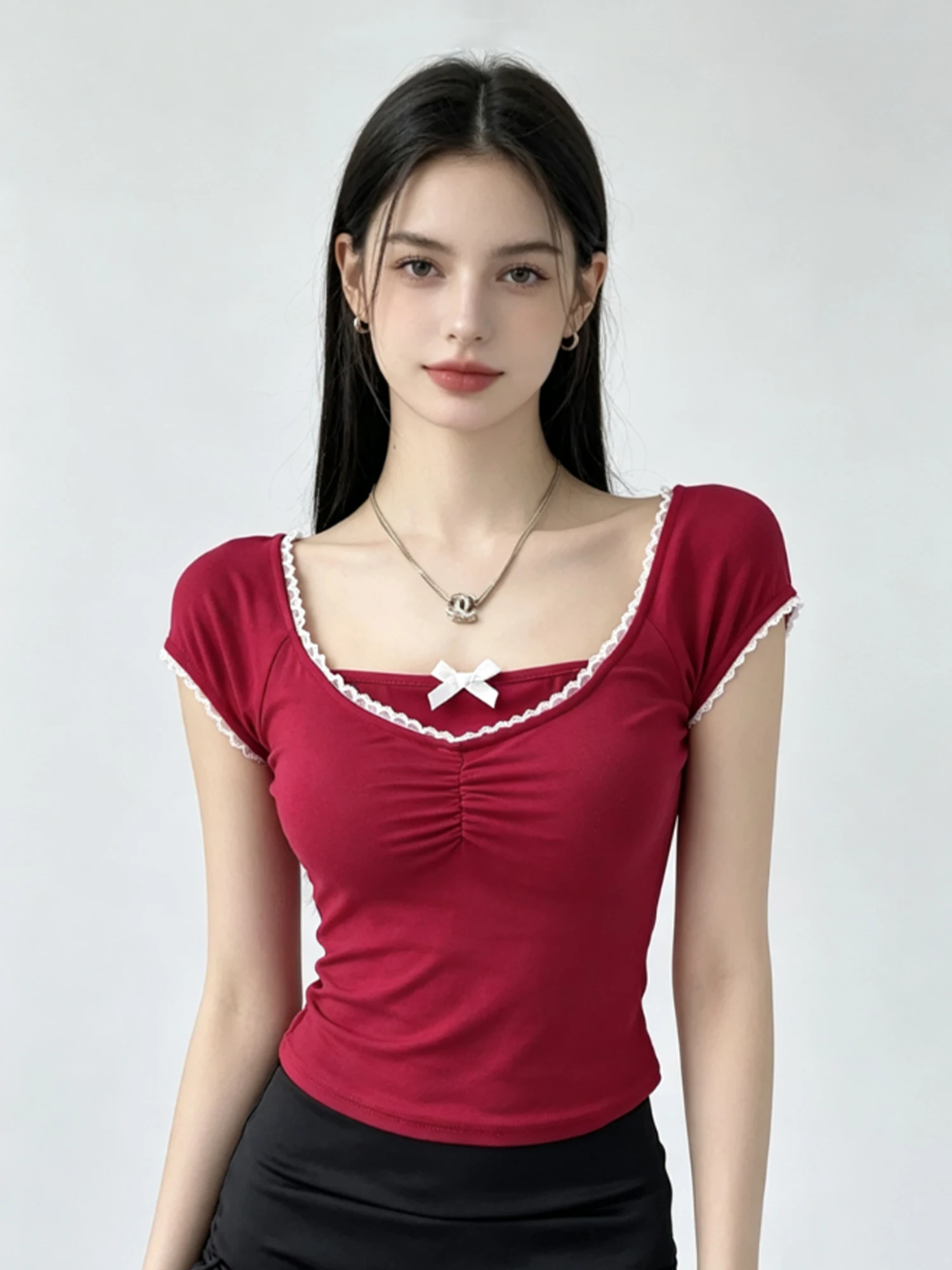 Women's Red Lace Patchwork V-Neck Short-Sleeve T-shirt Fake Two-Piece 2000s Vintage Y2K Gyaru Short Sleeve Tee Top Summer 2026
Women's Red Lace Patchwork V-Neck Short-Sleeve T-shirt Fake Two-Piece 2000s Vintage Y2K Gyaru Short Sleeve Tee Top Summer 2026