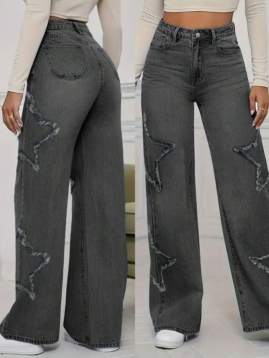 Womens Wide Leg Jeans With Star Embroidery, Mid-Waist Straight Leg Denim Pants, Casual Streetwear
Womens Wide Leg Jeans With Star Embroidery, Mid-Waist Straight Leg Denim Pants, Casual Streetwear