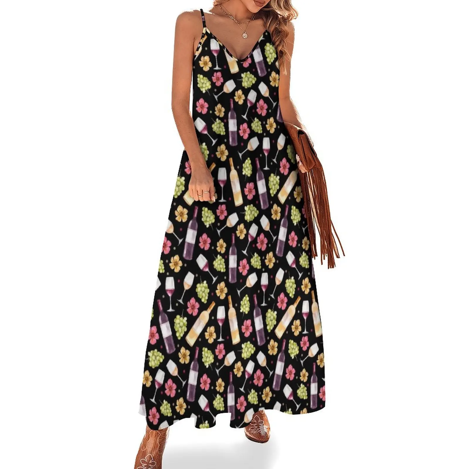 Red and White Wine Bottles Grapes and Watercolor Flowers on Black Sleeveless Long Dress summer women's dress 2025 Dress
Red and White Wine Bottles Grapes and Watercolor Flowers on Black Sleeveless Long Dress summer women's dress 2025 Dress