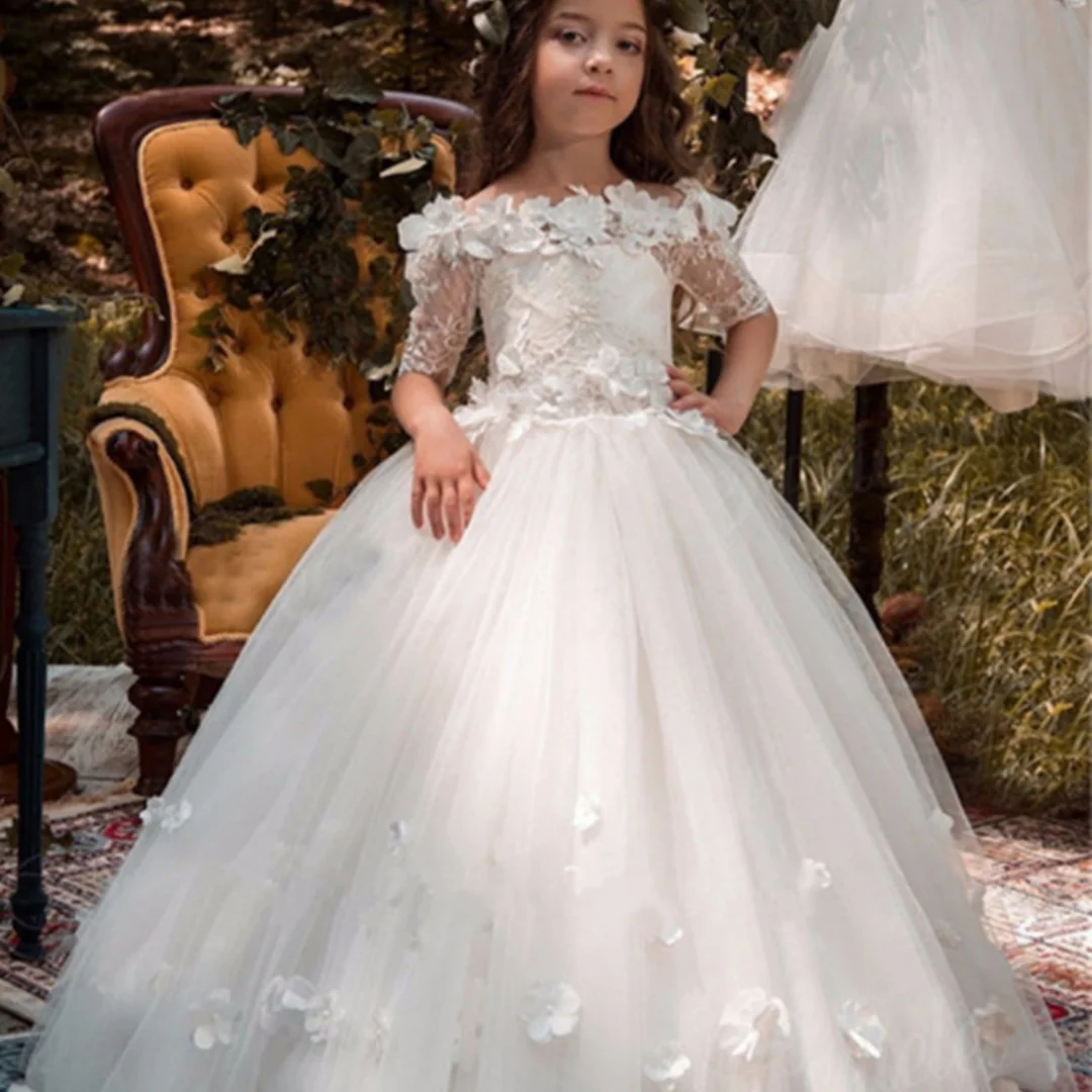 Flower Girl Dress White Satin Lace Half Sleeve Pearl Belt Wedding Elegant Flower Child Birthday Eucharist Party Dress Girl Gift
Flower Girl Dress White Satin Lace Half Sleeve Pearl Belt Wedding Elegant Flower Child Birthday Eucharist Party Dress Girl Gift