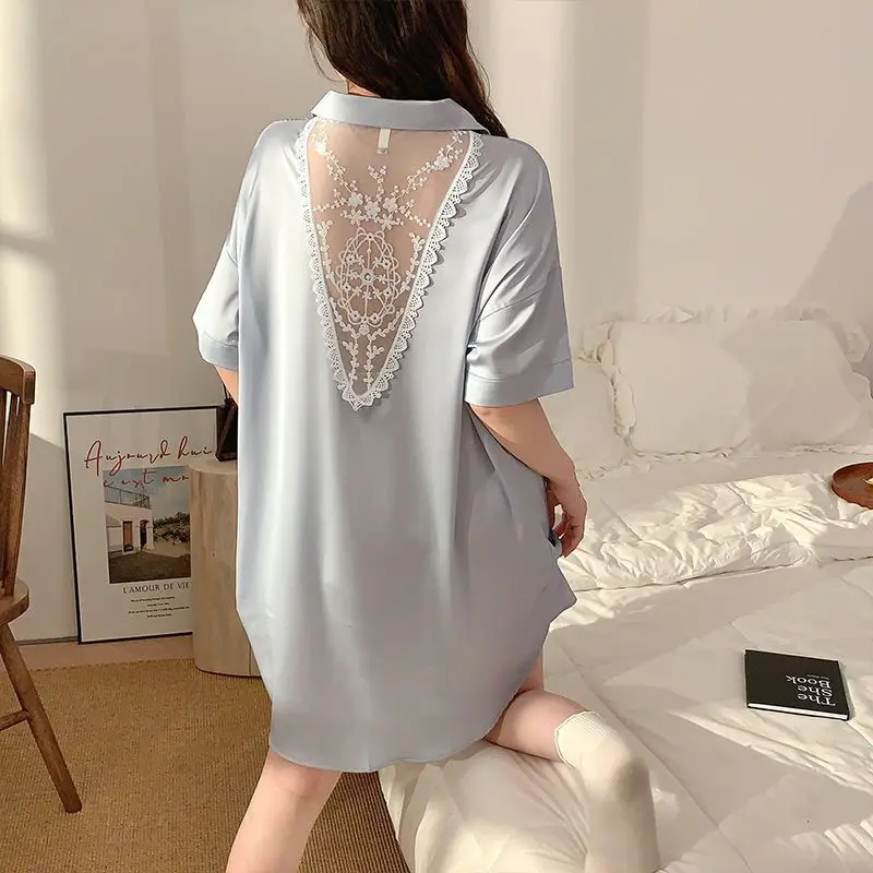 Sexy Ice Silk Pajamas Dress Woman Sleeping Skirt Short Sleeve Sleepwear Long Dresses Pijama Summer Nightdress Casual Home Dress
Sexy Ice Silk Pajamas Dress Woman Sleeping Skirt Short Sleeve Sleepwear Long Dresses Pijama Summer Nightdress Casual Home Dress