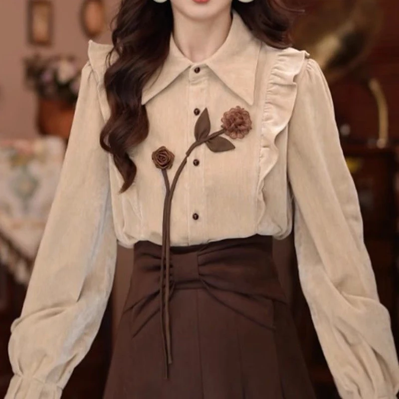Autumn Women Vintage Ruffle 3D Flower Design Shirt Elegant Chic Sweet Lapel Blouse Solid Long Sleeve Loose Tops Camisas De Mujer
Autumn Women Vintage Ruffle 3D Flower Design Shirt Elegant Chic Sweet Lapel Blouse Solid Long Sleeve Loose Tops Camisas De Mujer