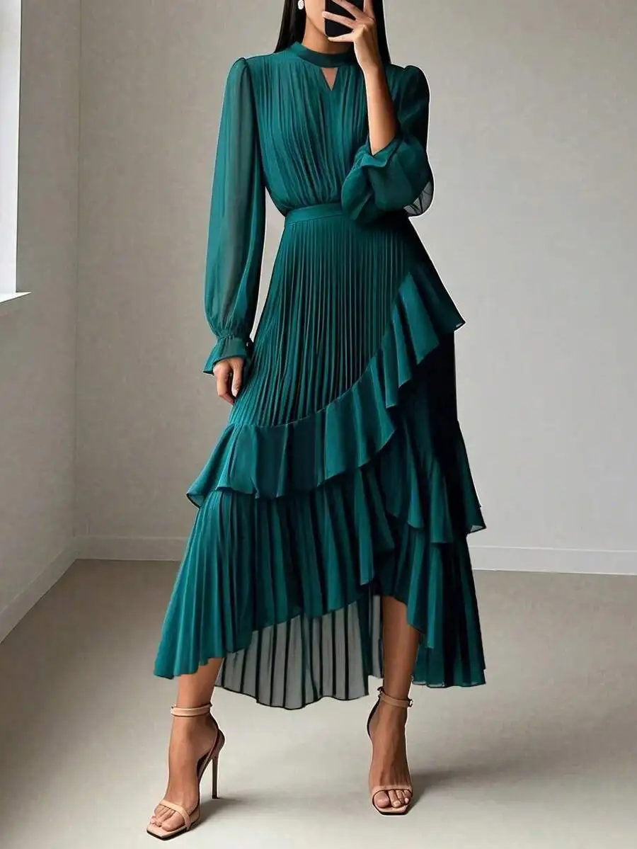 Elegant Teal Ruffled Asymmetrical Tiered Evening Gown with Long Sleeves
Elegant Teal Ruffled Asymmetrical Tiered Evening Gown with Long Sleeves