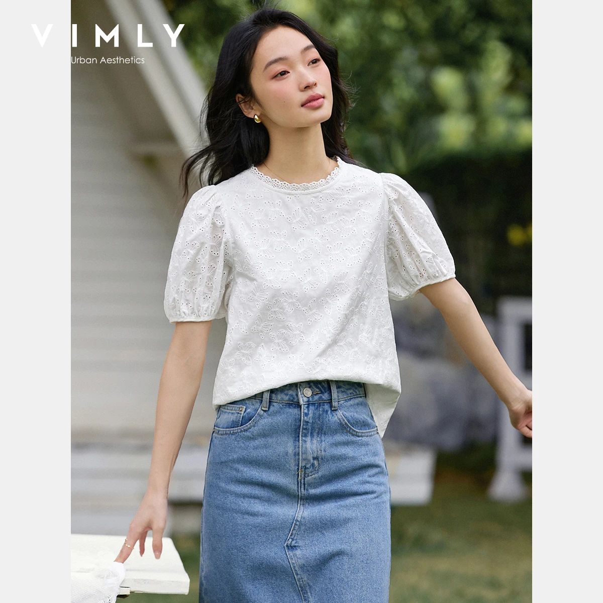 VIMLY Women Cotton Puff Sleeve Blouse 2025 French Chic Round Neck Lace Embroidery Ladies Elegant Summer Top Woman Clothes A1650
VIMLY Women Cotton Puff Sleeve Blouse 2025 French Chic Round Neck Lace Embroidery Ladies Elegant Summer Top Woman Clothes A1650