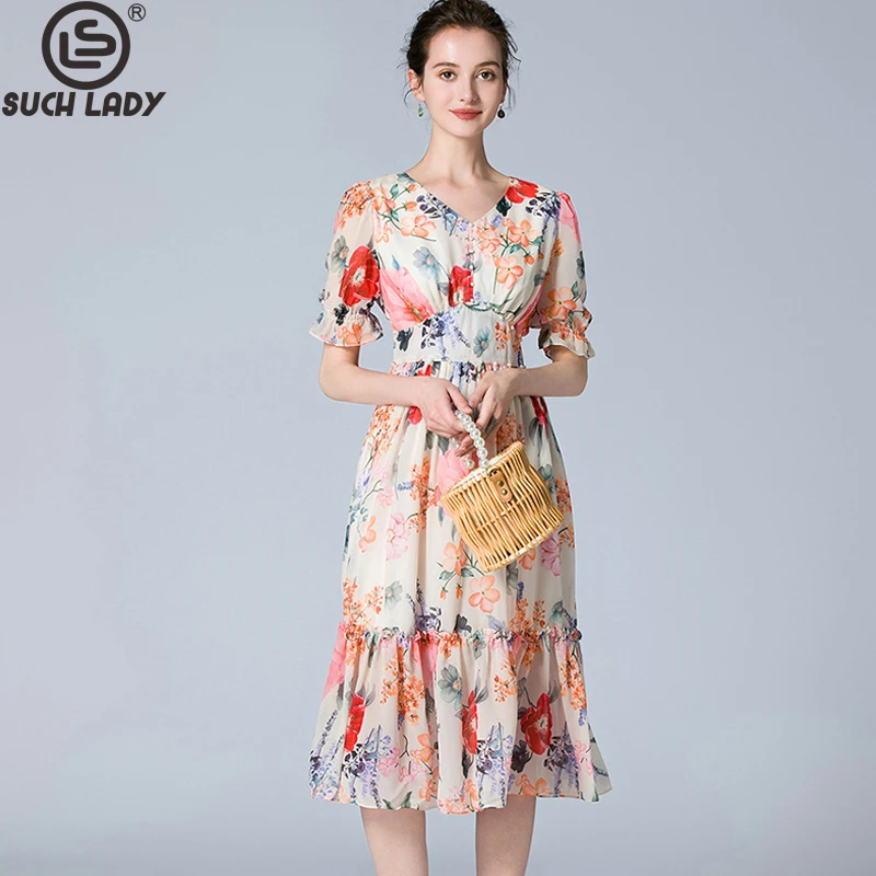Women's Runway Dresses Sexy V Neck Short Sleeves Printed Floral Ruffles Fashion Designer Vestidos
Women's Runway Dresses Sexy V Neck Short Sleeves Printed Floral Ruffles Fashion Designer Vestidos