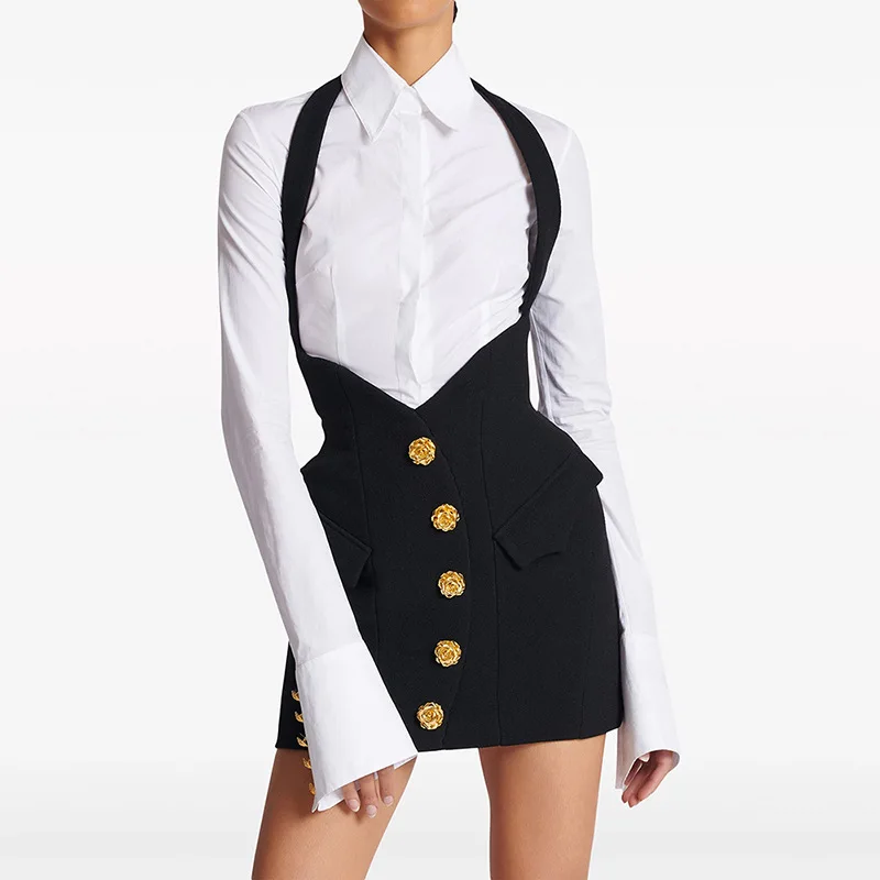 European Star Fashion 2 Piecs Set Rose Metal Buckle Hanging Neck Short Skirt And Single Breasted White Shirts Women's Suit G556
European Star Fashion 2 Piecs Set Rose Metal Buckle Hanging Neck Short Skirt And Single Breasted White Shirts Women's Suit G556