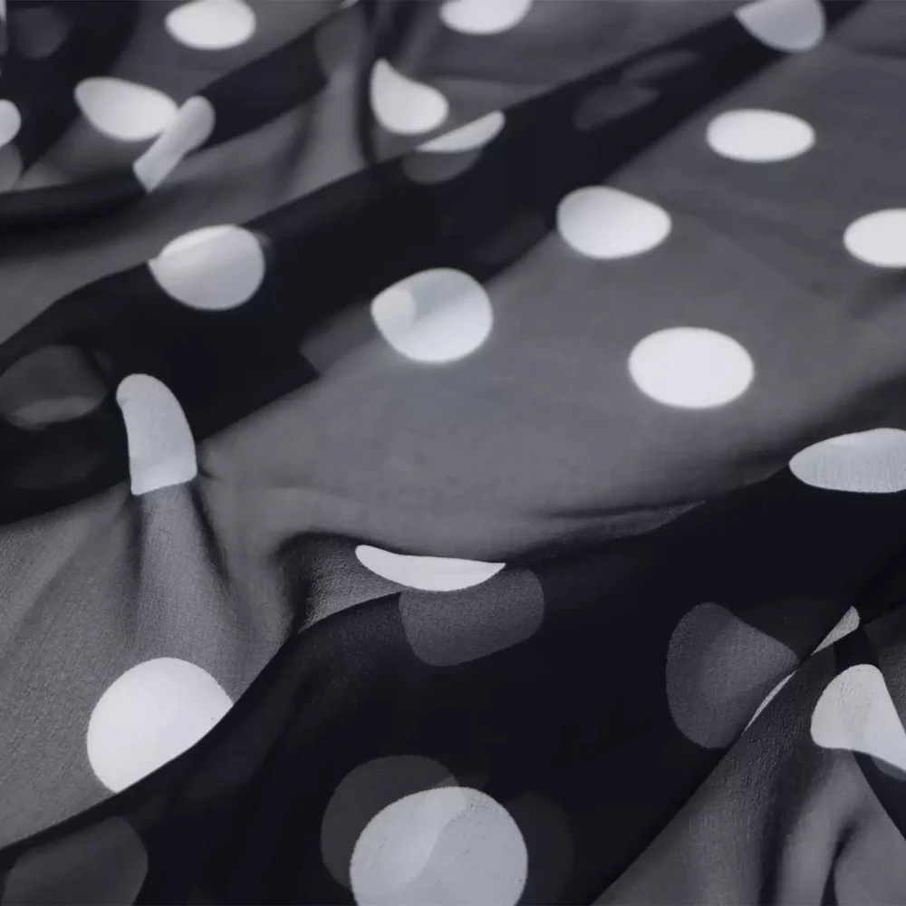 Attractive Black Base Large White Polka Dot Design Comfortable Silk Georgette Fabric Breathable for Women Summer Costume Dress
Attractive Black Base Large White Polka Dot Design Comfortable Silk Georgette Fabric Breathable for Women Summer Costume Dress