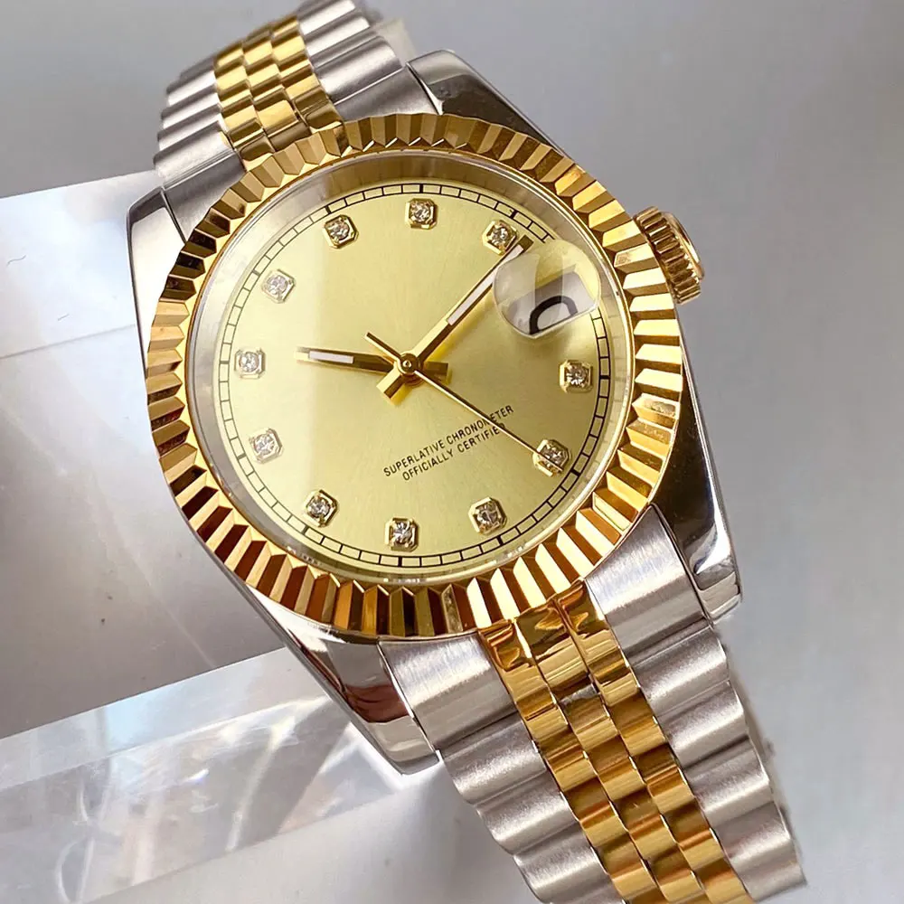 36mm 39mm Sunburst Gold Dial Diamond Index NH35A Diving Automatic Men Watch Stainless Steel Strap Sapphire Glass Slide Buckle
36mm 39mm Sunburst Gold Dial Diamond Index NH35A Diving Automatic Men Watch Stainless Steel Strap Sapphire Glass Slide Buckle