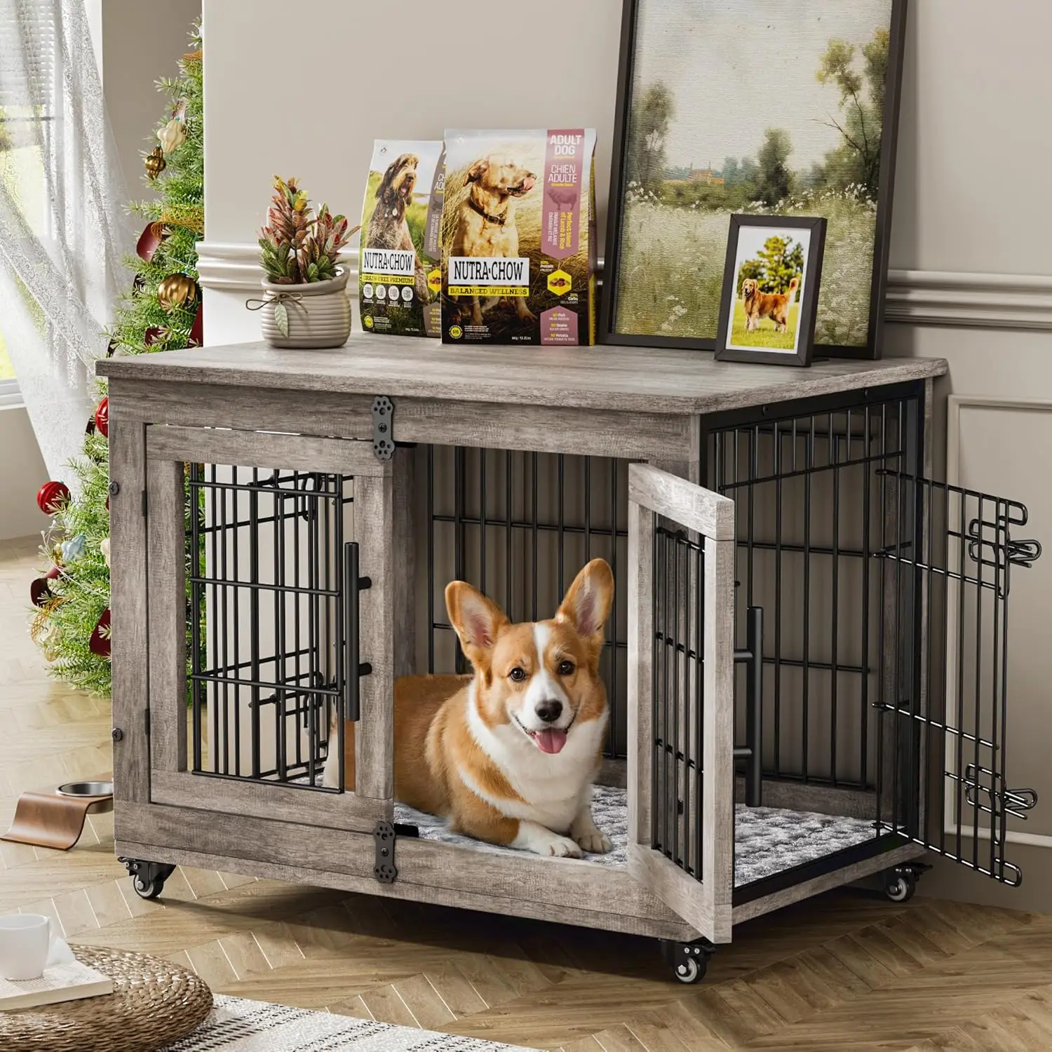 Dog Crate Furniture for Medium Dogs, 32'' Dog Kennel Indoor with Cushion & Wheels Wooden Dog Cage Double Doors Dog Crate
Dog Crate Furniture for Medium Dogs, 32'' Dog Kennel Indoor with Cushion & Wheels Wooden Dog Cage Double Doors Dog Crate