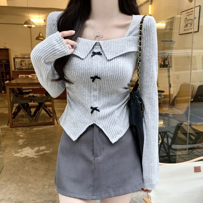 Bow Square Collar Pullovers for Women Casual All Match Long Sleeve Tops Sweet Girl Knitwear Korean Popular Split Slim Pullovers
Bow Square Collar Pullovers for Women Casual All Match Long Sleeve Tops Sweet Girl Knitwear Korean Popular Split Slim Pullovers
