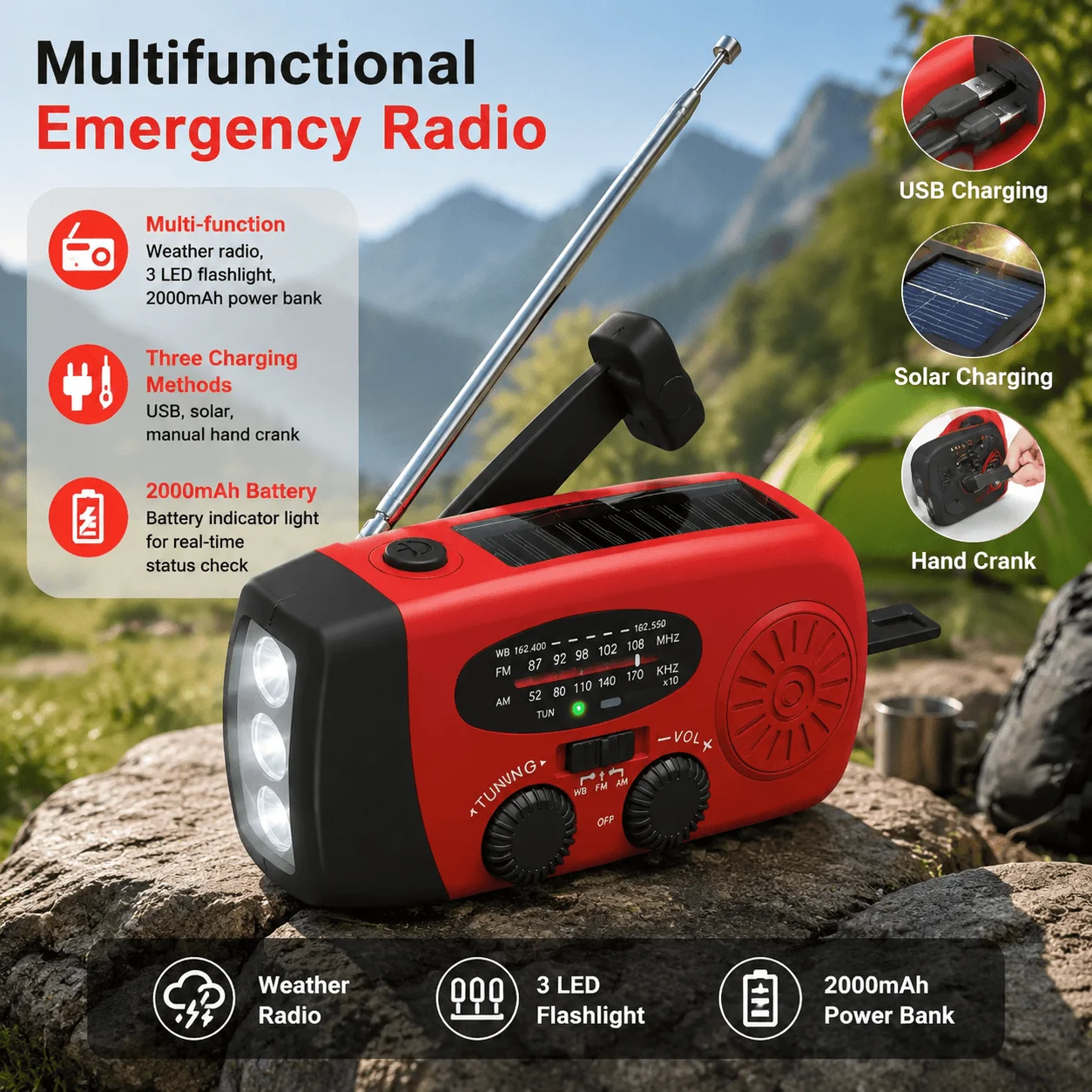 Portable Solar Hand Crank Emergency Radio 2000mAh Power Bank FM AM NOAA Weather Alert LED Flashlight Survival Kit Hurricane Supplies Emergency Preparedness for Home Blackout Severe Weather Camping Outdoor
Portable Solar Hand Crank Emergency Radio 2000mAh Power Bank FM AM NOAA Weather Alert LED Flashlight Survival Kit Hurricane Supplies Emergency Preparedness for Home Blackout Severe Weather Camping Outdoor