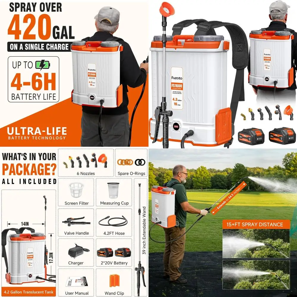 Портативный электрический ранцевый опрыскиватель, 4,2 галлона, регулируемое давление 45-90 PSI, 6-часовая автономная работа от аккумулятора, 6 насадок для газона и сада
Портативный электрический ранцевый опрыскиватель, 4,2 галлона, регулируемое давление 45-90 PSI, 6-часовая автономная работа от аккумулятора, 6 насадок для газона и сада