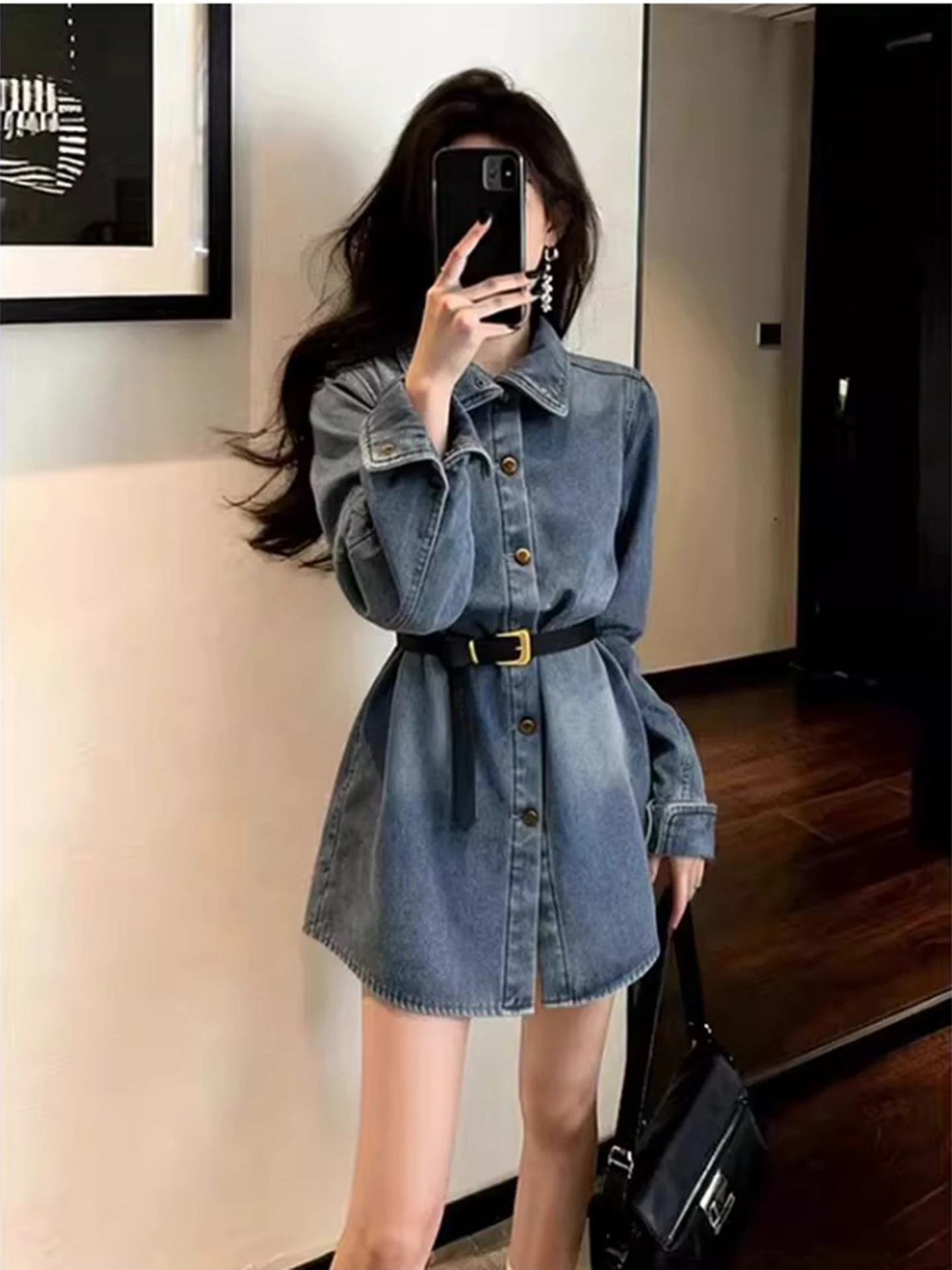 Sli Retro Blue Denim irt Jaet Women's Spring Autumn Midi Length Korean Sle Waist Cinched Outerwear Trendy Hong Kong...
Sli Retro Blue Denim irt Jaet Women's Spring Autumn Midi Length Korean Sle Waist Cinched Outerwear Trendy Hong Kong...