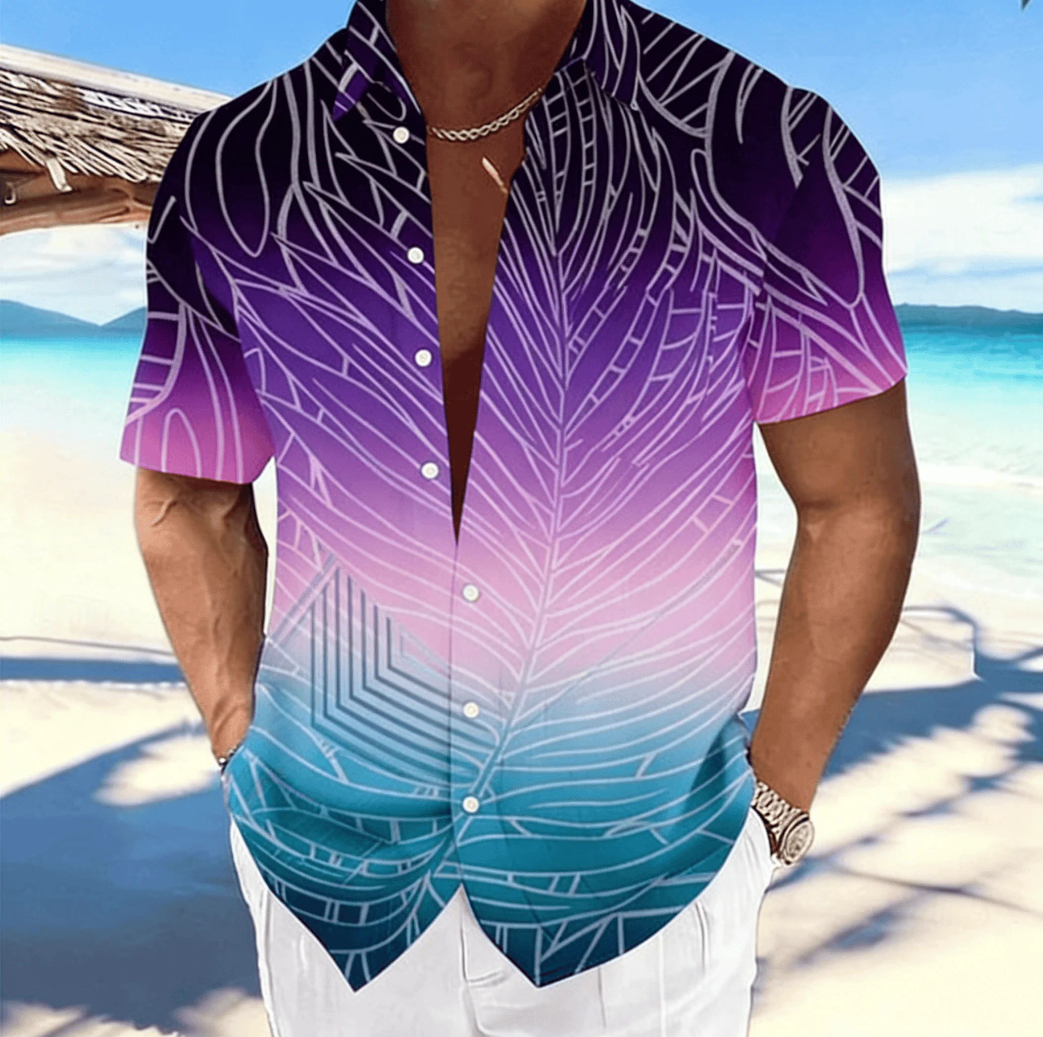Men's Gradient Palm Leaf Line Print Short Sleeve Shirt, Spring Summer Fresh Hawaiian Blouse, Loose Casual Top
Men's Gradient Palm Leaf Line Print Short Sleeve Shirt, Spring Summer Fresh Hawaiian Blouse, Loose Casual Top