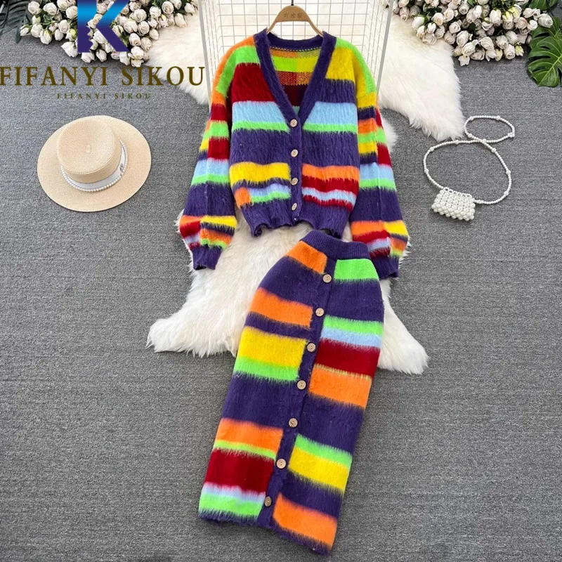 Rainbow Striped Knitted 2 Piece Set Women Long Sleeve V-Neck Sweater Jacket And Long Skirt Two Piece Set Autumn Winter Suits
Rainbow Striped Knitted 2 Piece Set Women Long Sleeve V-Neck Sweater Jacket And Long Skirt Two Piece Set Autumn Winter Suits