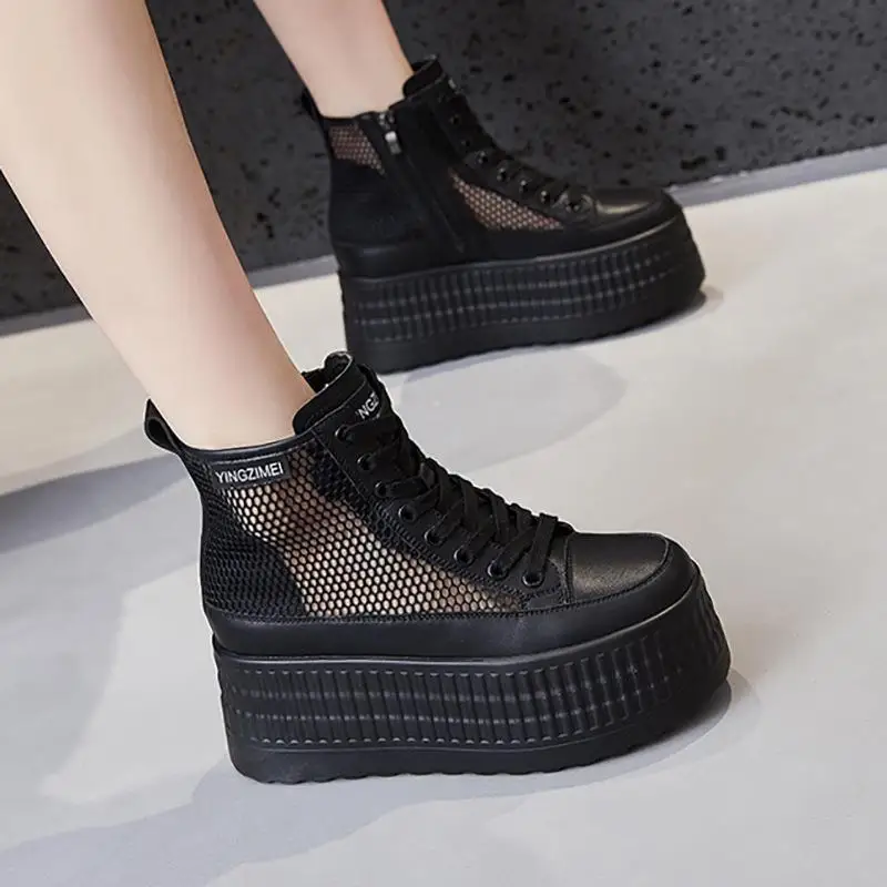 Women's Thick Bottom High Top Platform Shoes Hollow out Mesh Casual Sneakers Leather Material Increased Height Inner Design
Women's Thick Bottom High Top Platform Shoes Hollow out Mesh Casual Sneakers Leather Material Increased Height Inner Design